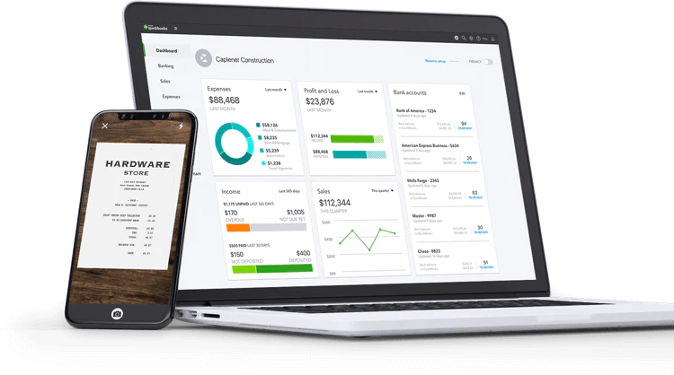 QuickBooks Dashboard on laptop and phone app
