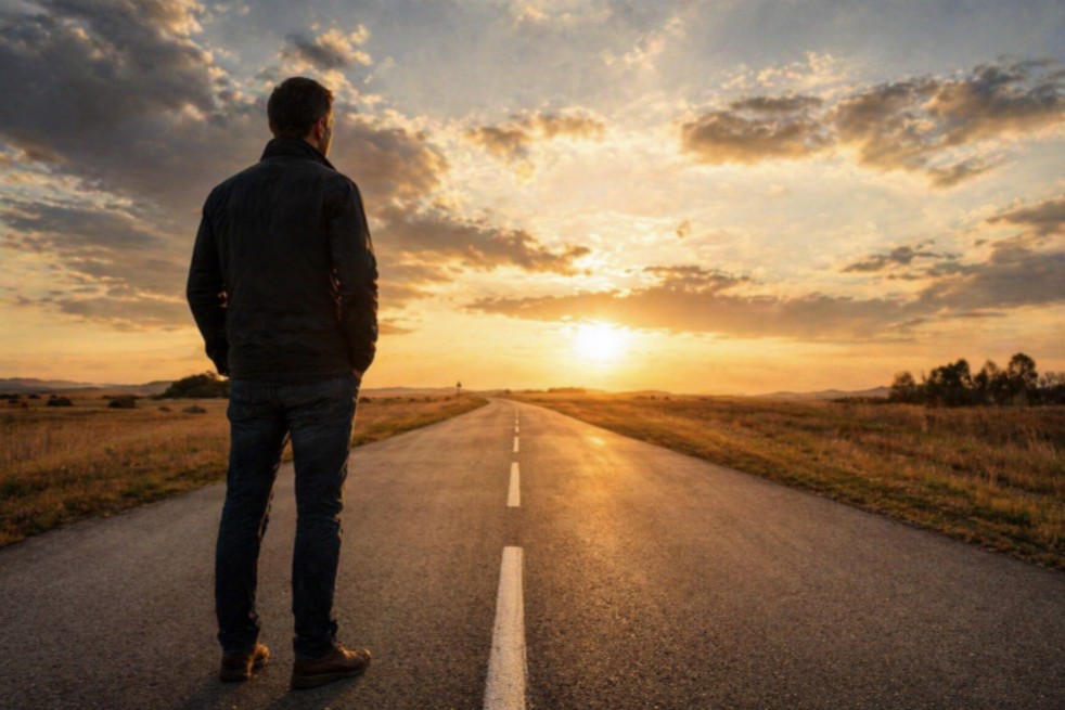 male looking down a long road into the sunset