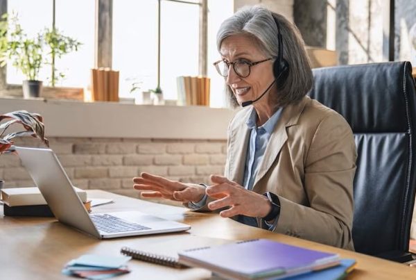 woman on headset talking