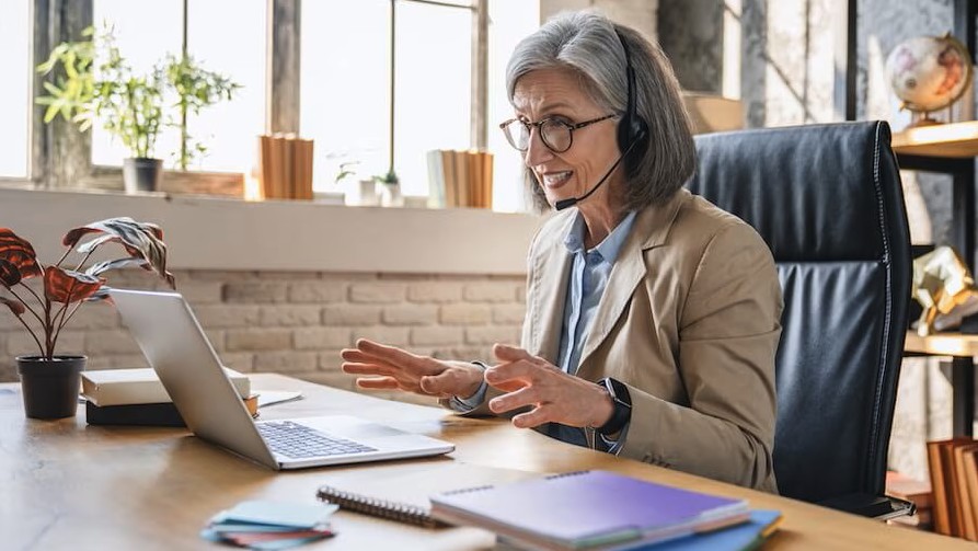 woman on headset talking
