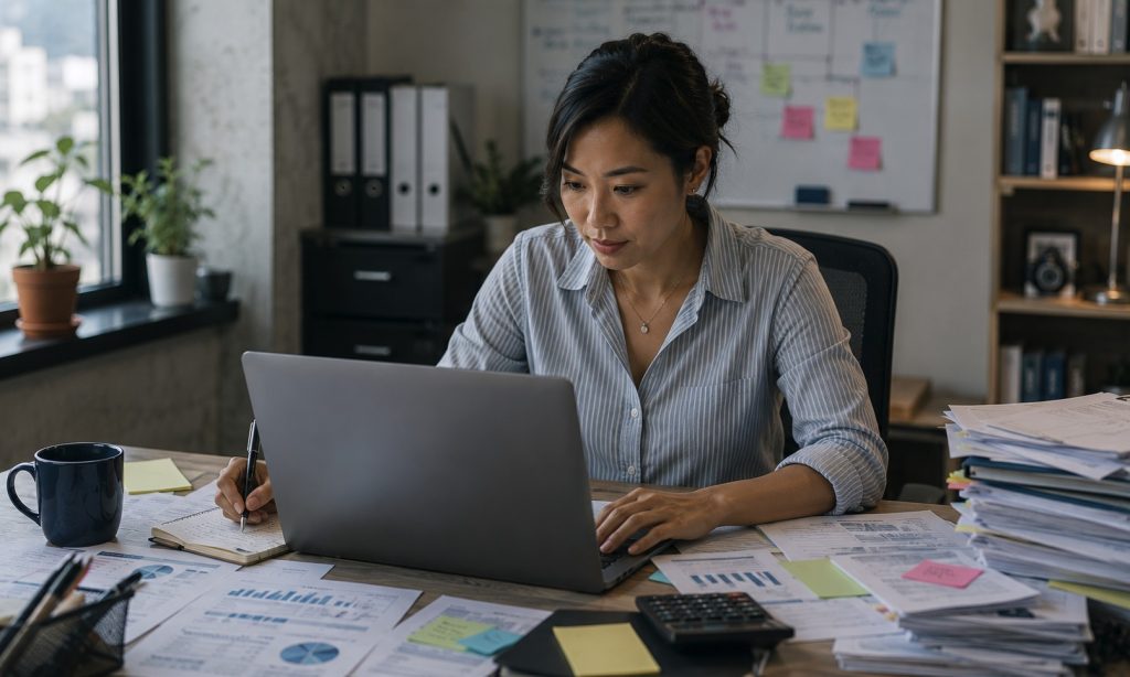 Asian woman sitting at messy desk and looking at laptop